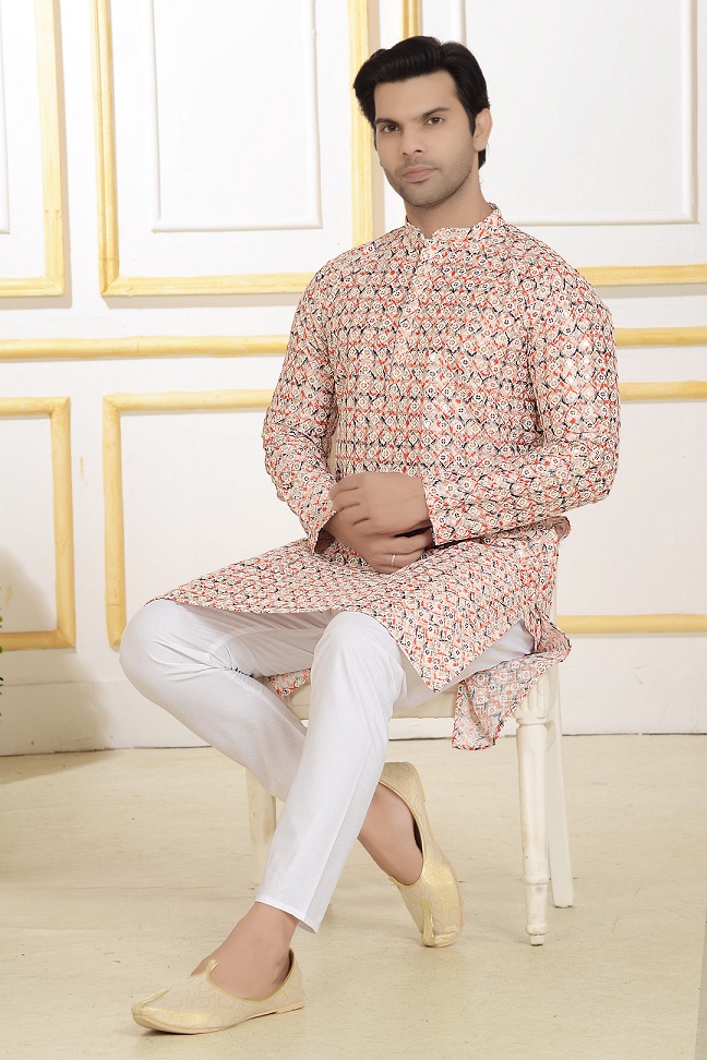 Red Multicolour Sequins Embroidery Kurta Set - Image 5