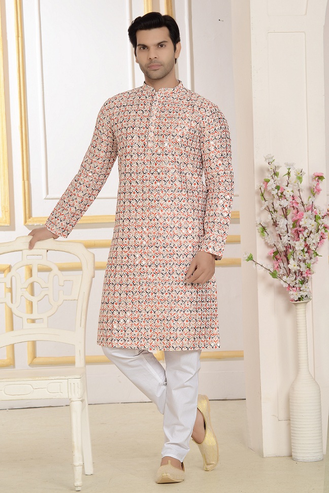 Red Multicolour Sequins Embroidery Kurta Set - Image 4