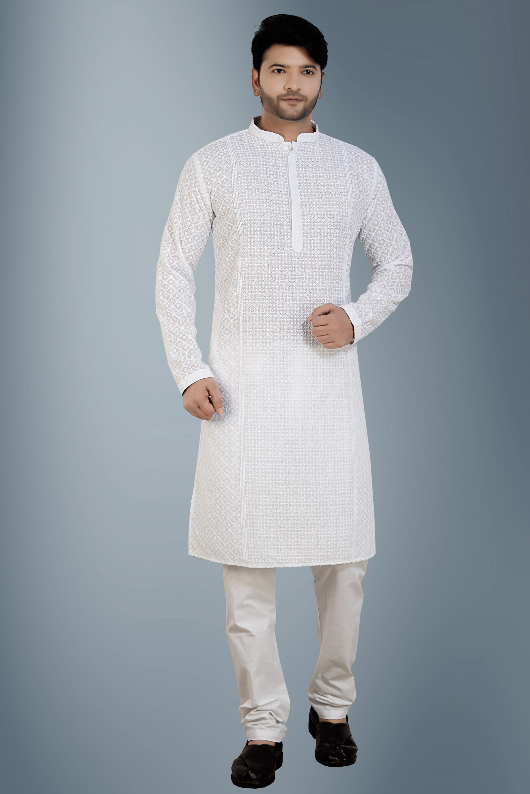 White Chikankari Kurta Pyjama (Double Pannel Design)