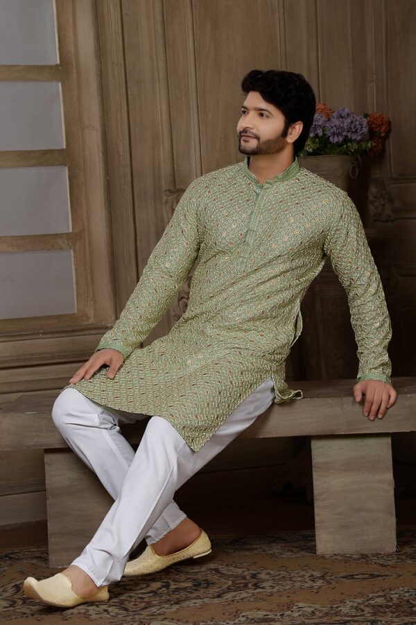 Green Mat Sequins Kurta - Image 3