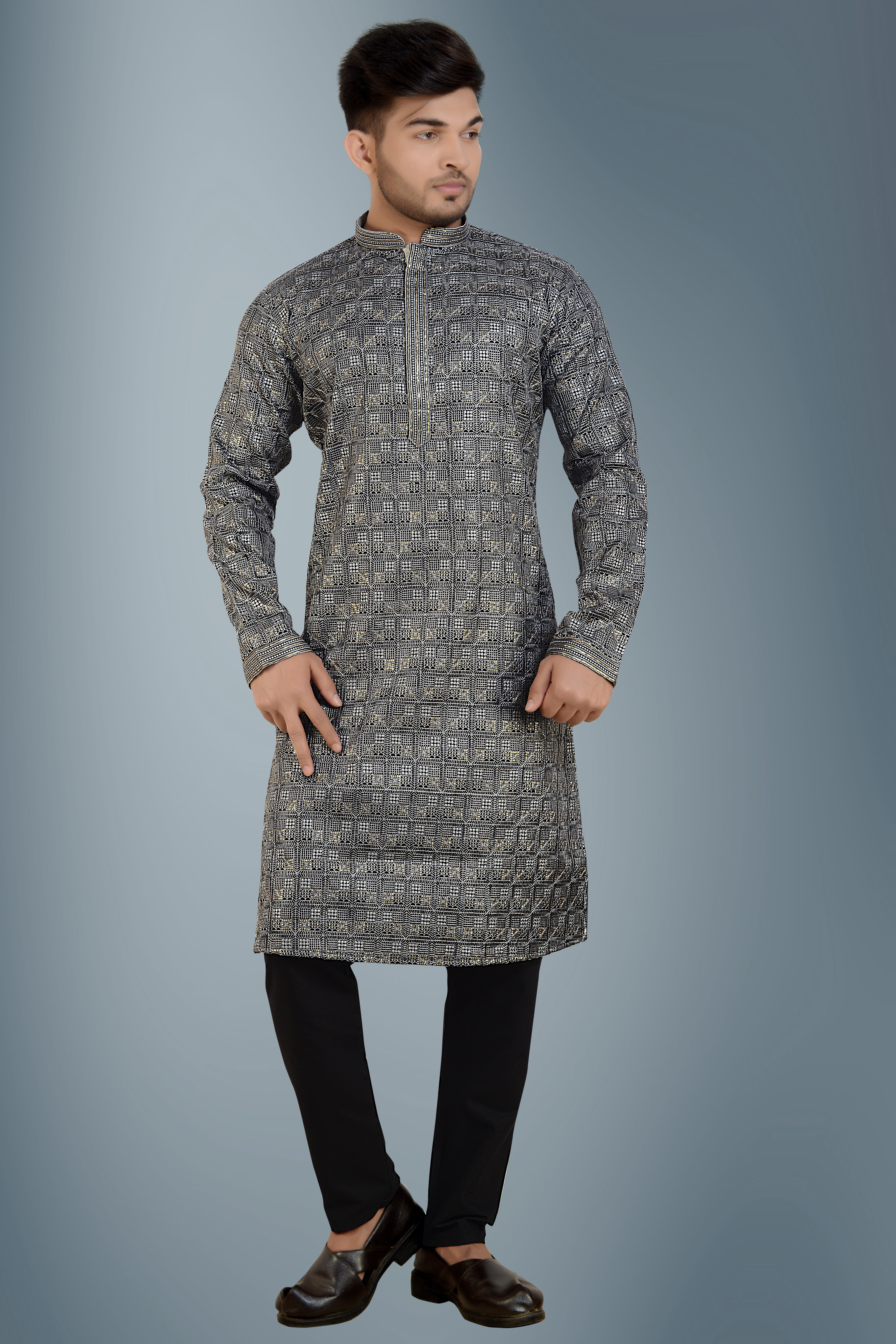 Arruga Men’s black grey sequins work silk rayon Kurta_pyjama Set