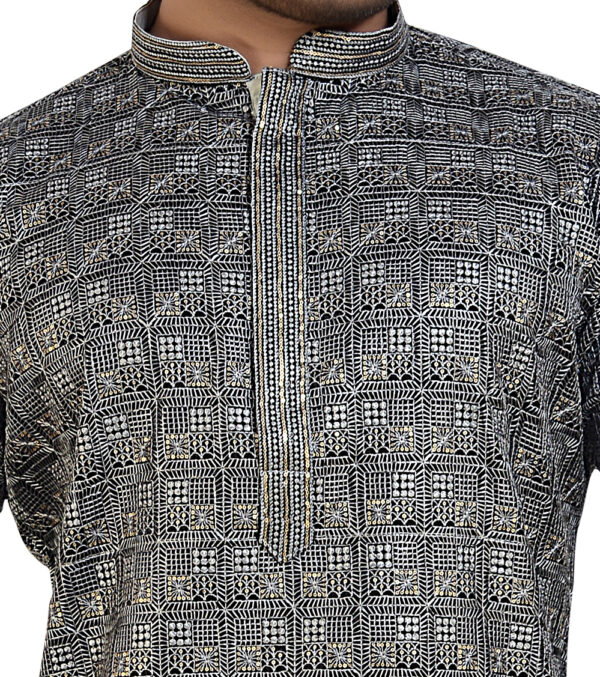 Arruga Men's black grey sequins work silk rayon Kurta_pyjama Set - Image 5