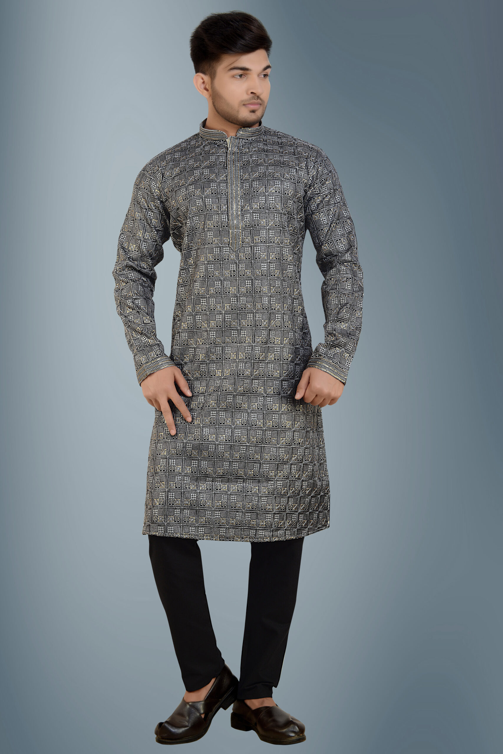 Arruga Men’s black grey sequins work silk rayon Kurta_pyjama Set