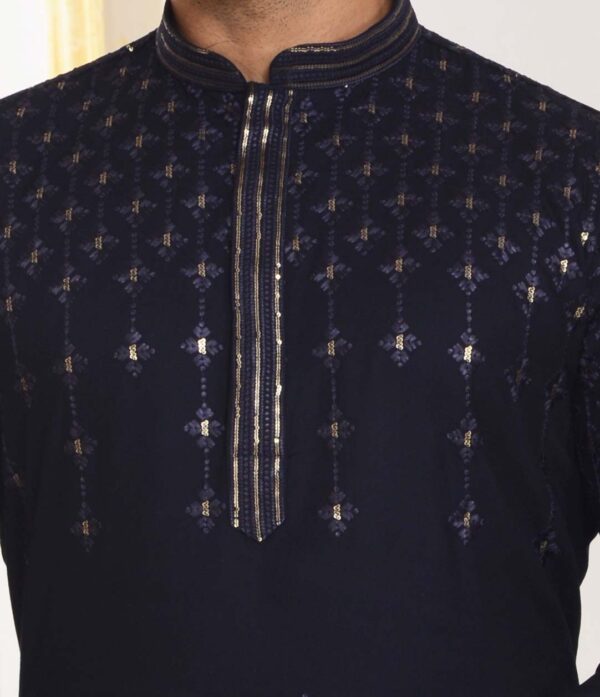 Stylish navy blue designer embroidery kurta set - Image 3