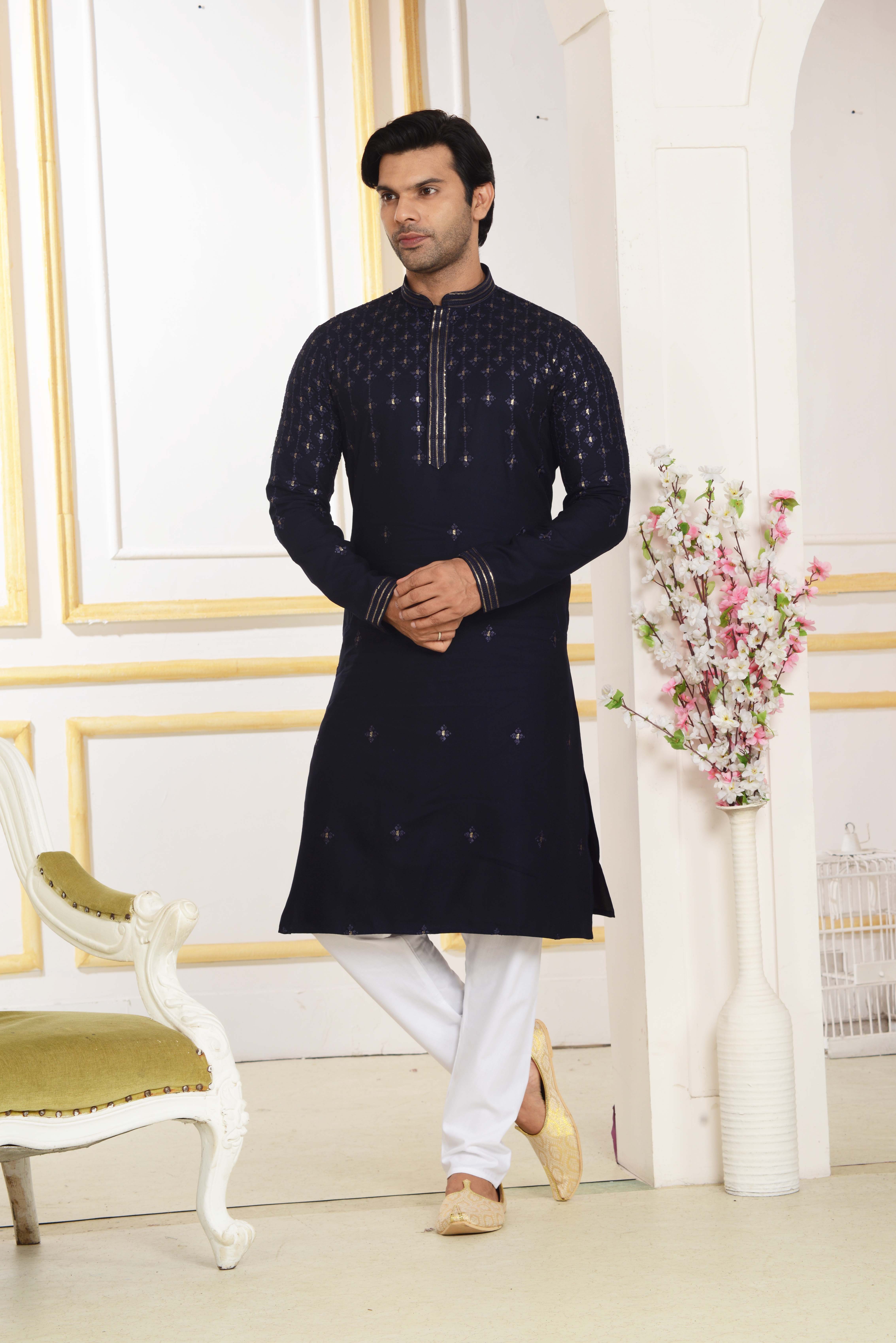 Stylish navy blue designer embroidery kurta set
