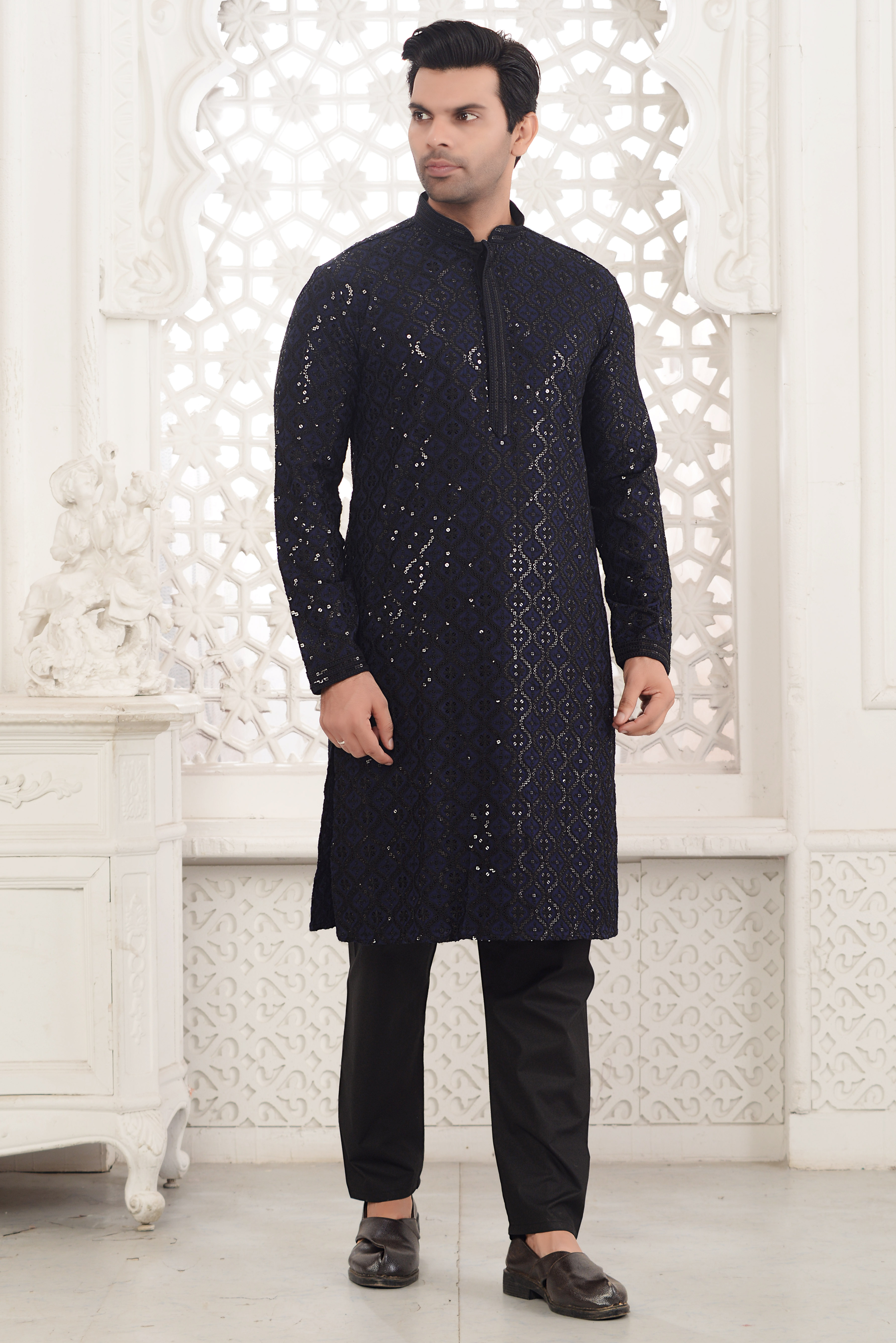 stylish blue black sequins kurta pyjama set