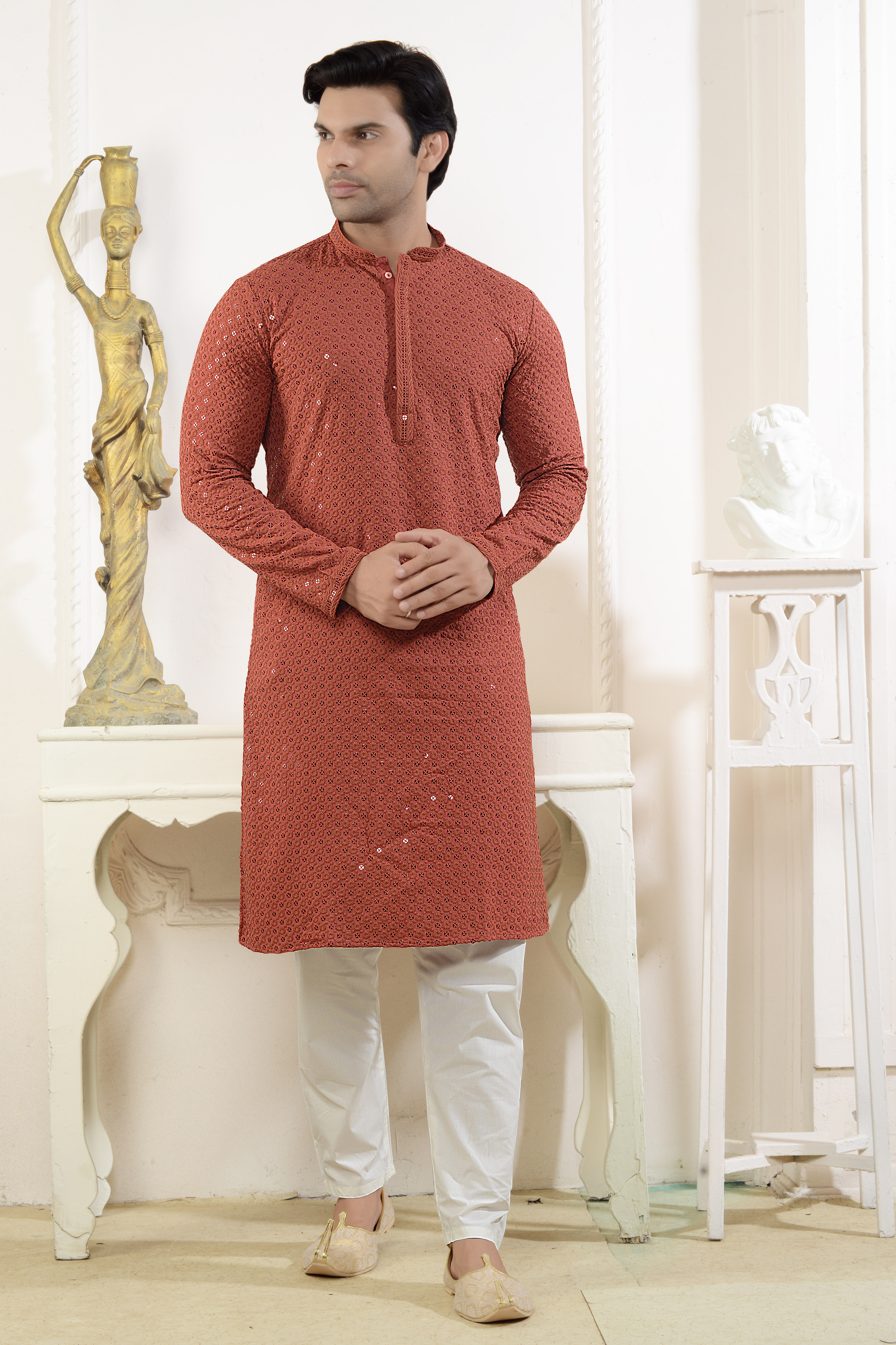 Stylish rust sequins kurta pyjama set