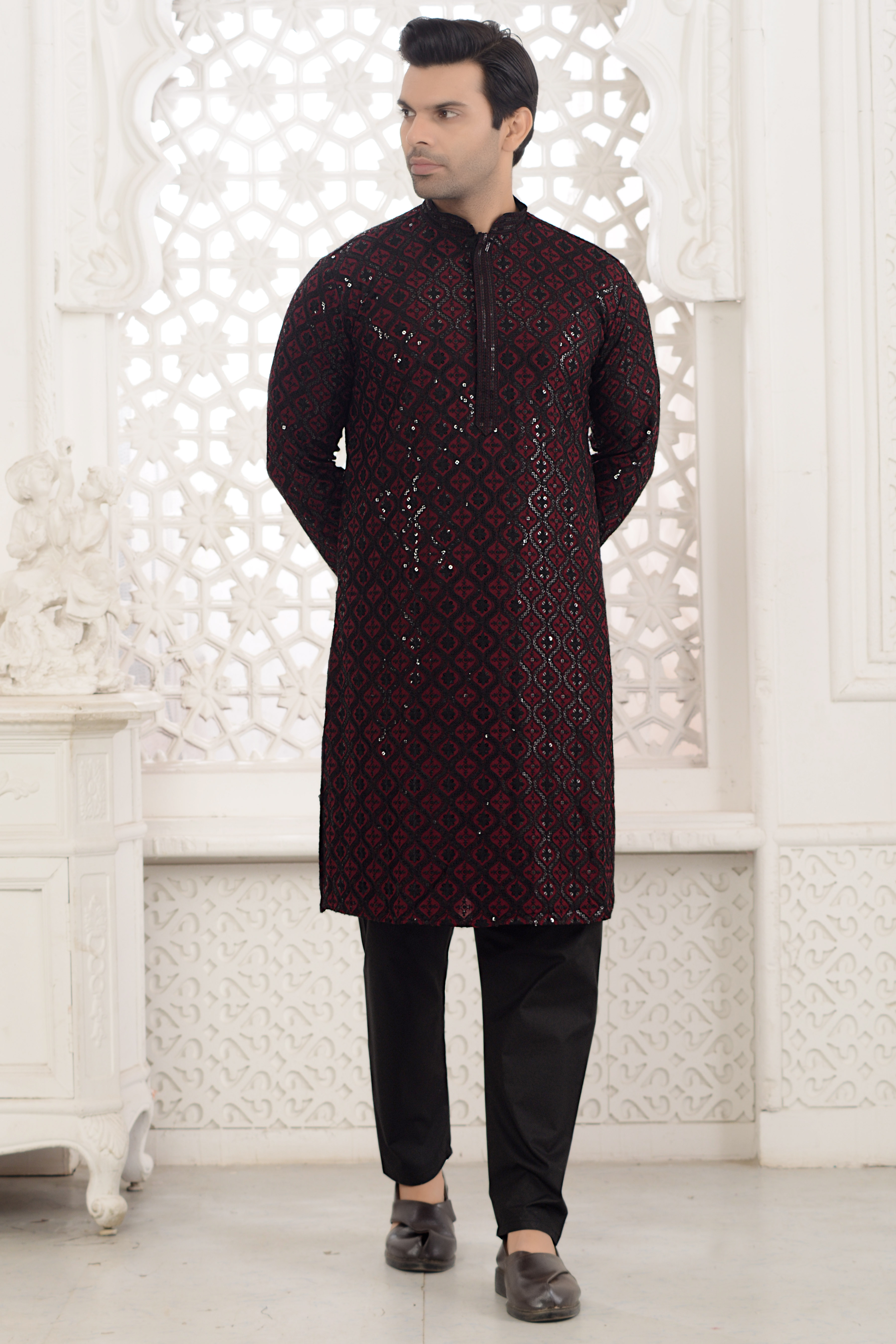 Stylish wine black sequins embroidery kurta pyjama set