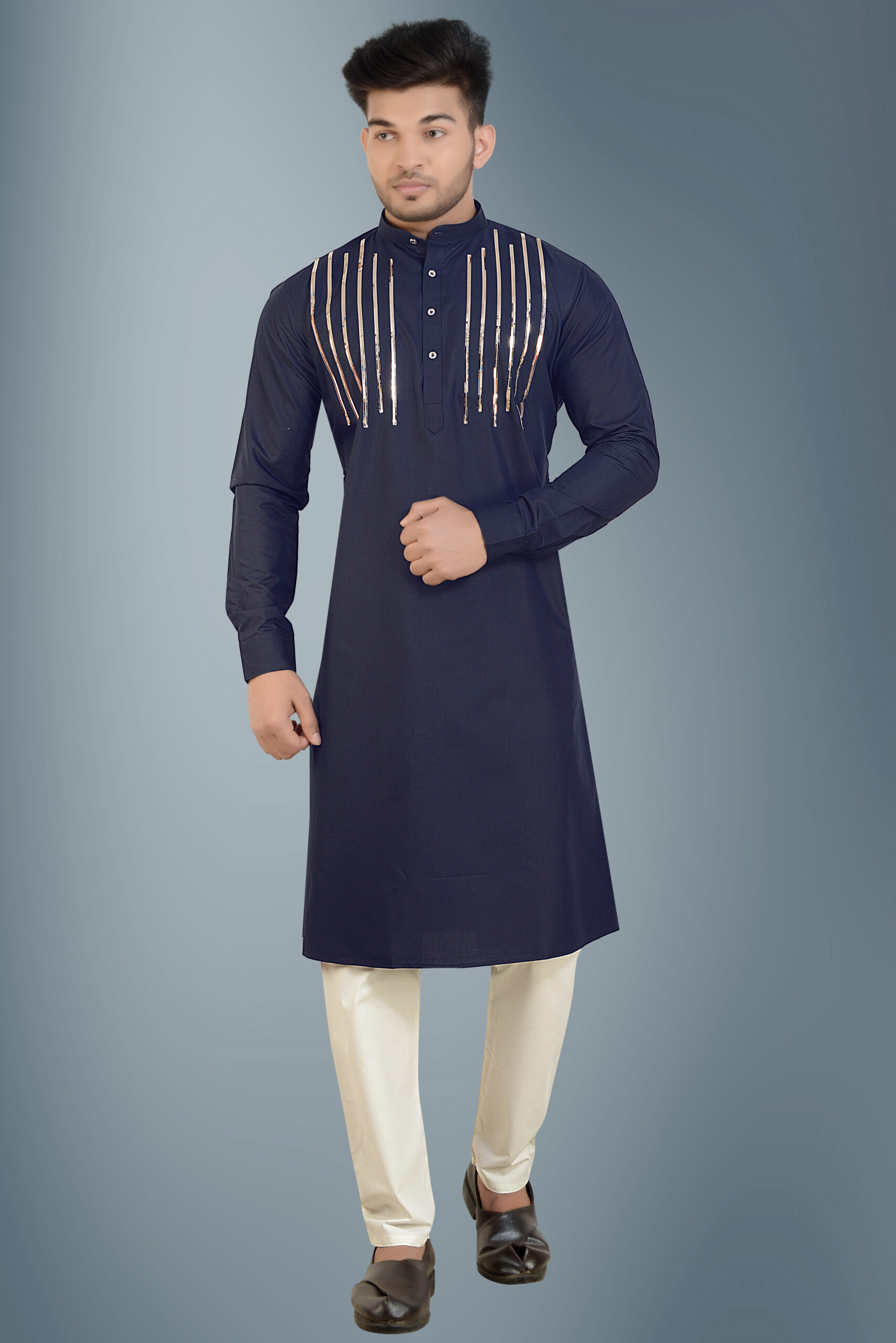 Stylish golden stripes cotton kurta pyjama