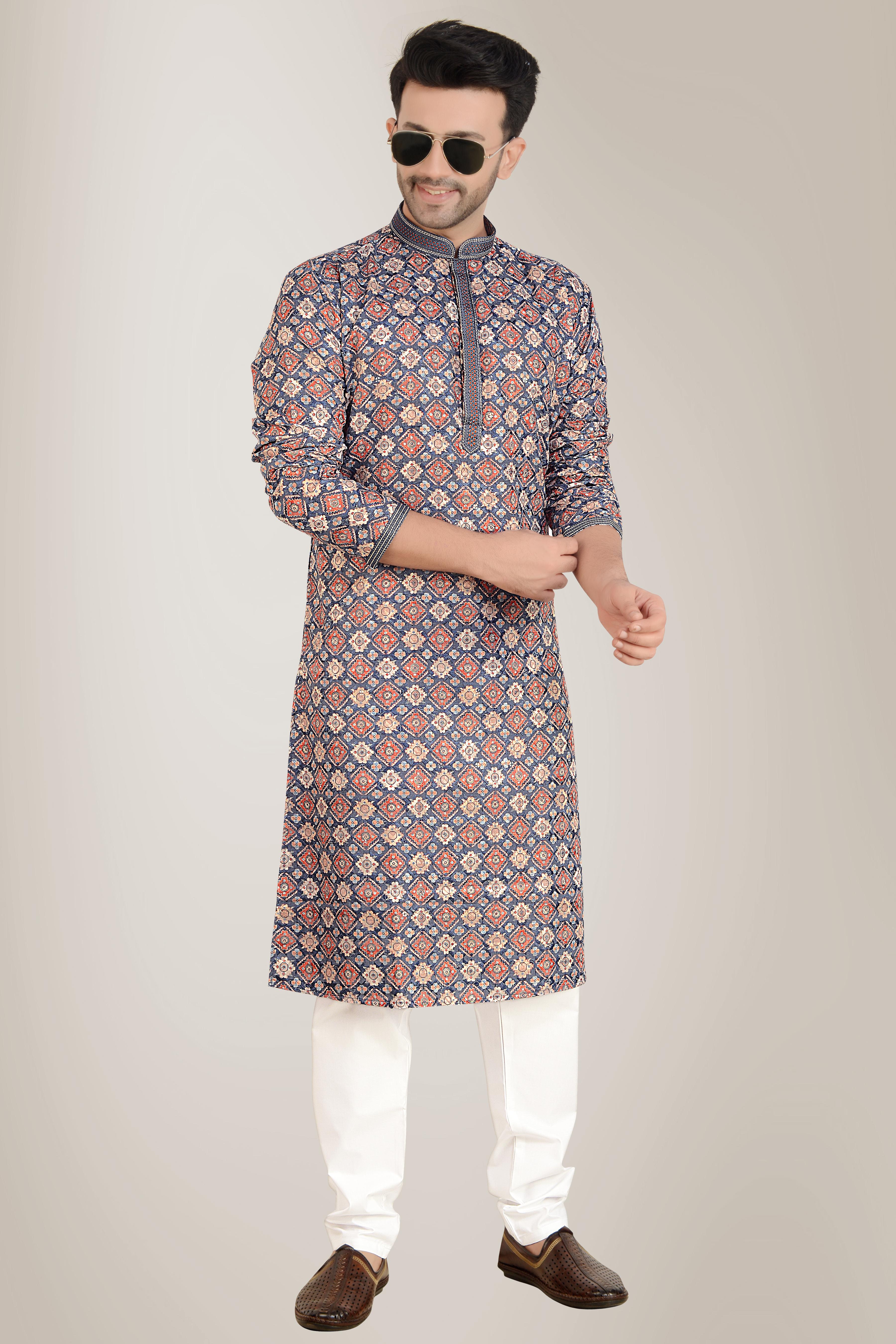 Stylish blue digital print sequins embroidery kurta pyjama set