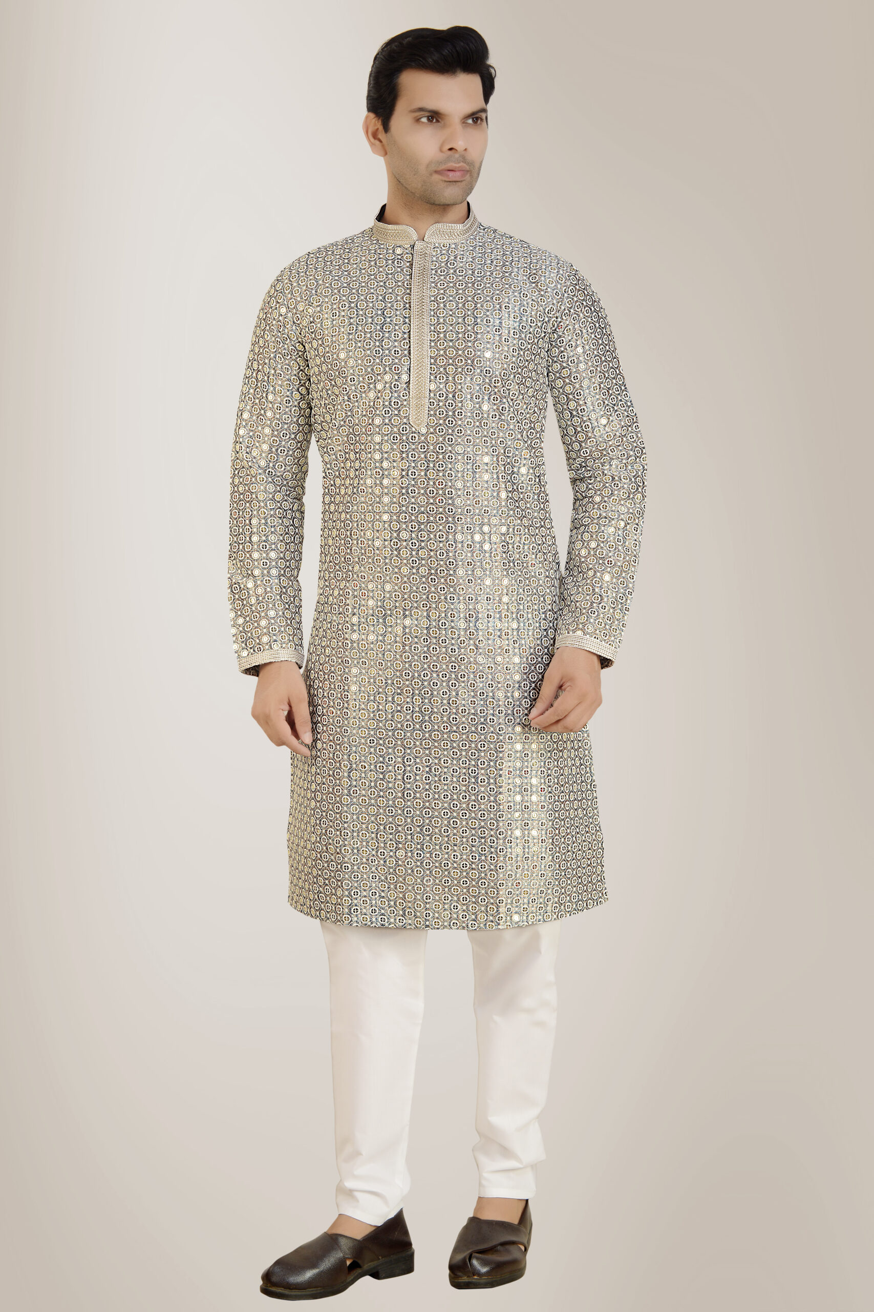 Stylish digital print mirror sequins embroidery kurta set