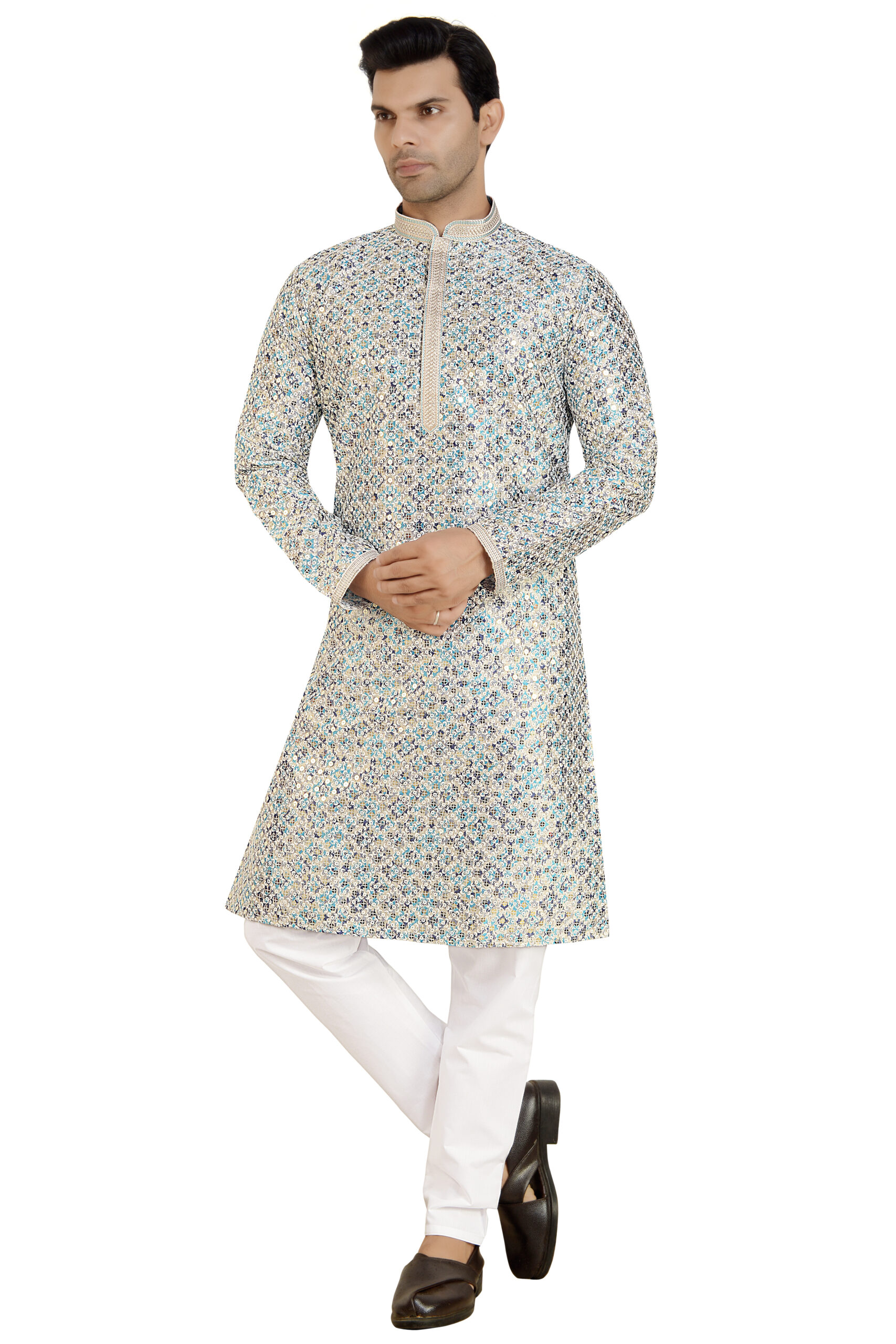 Stylish silk blue digital print mirror sequins kurta set