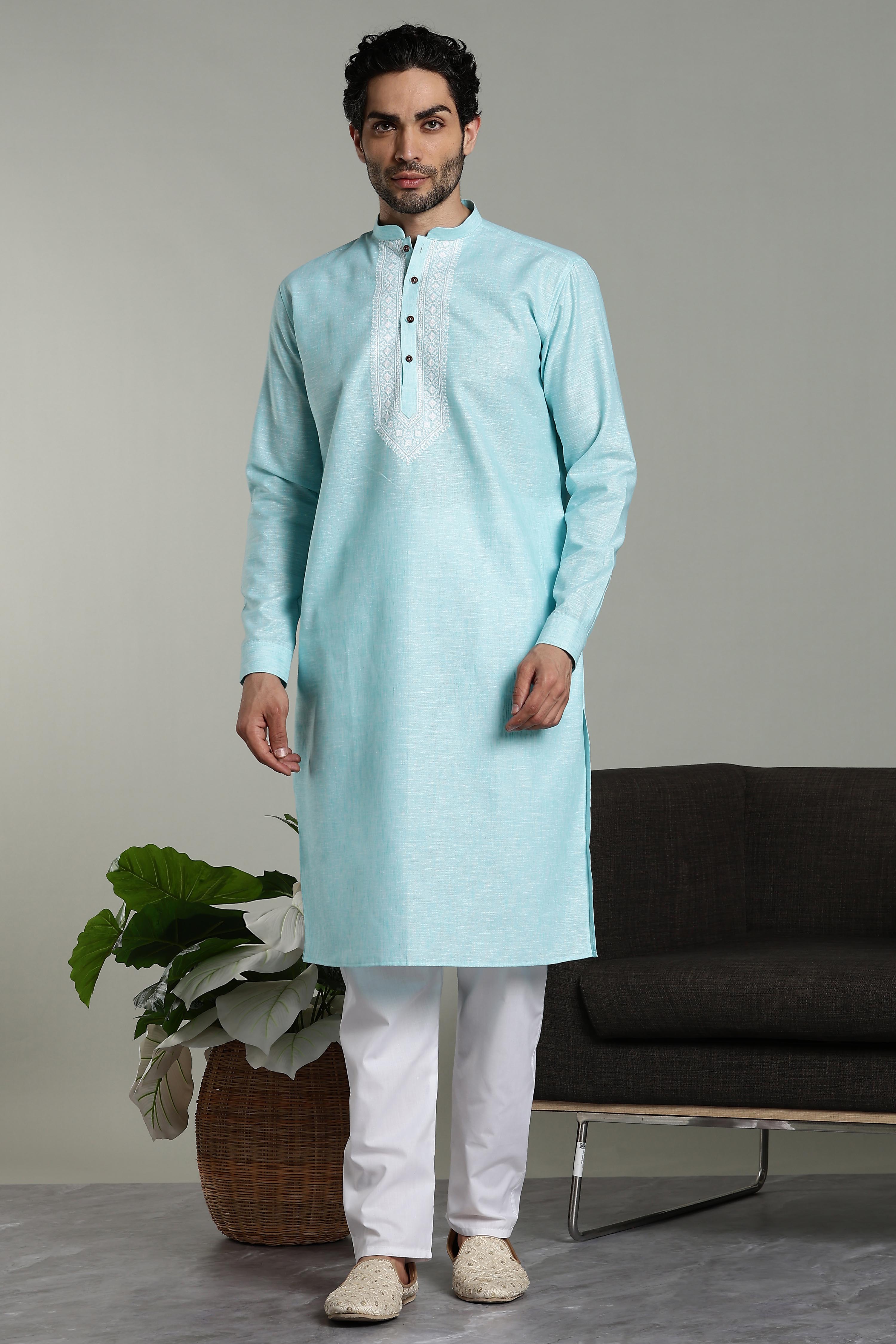Stylish cotton linen embroidery kurta set