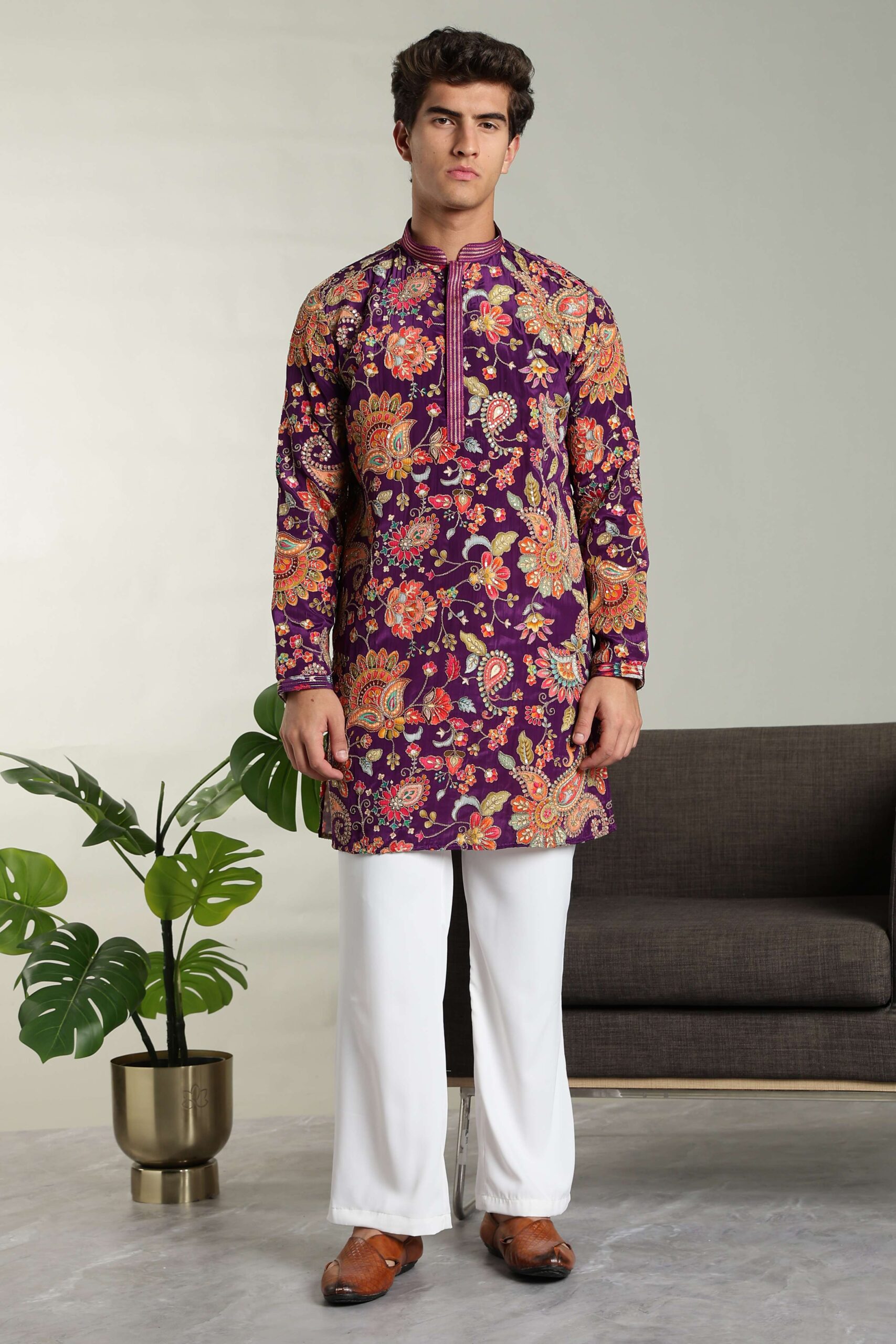 ARRUGA Men’s position print embroidery silk kurta pant set