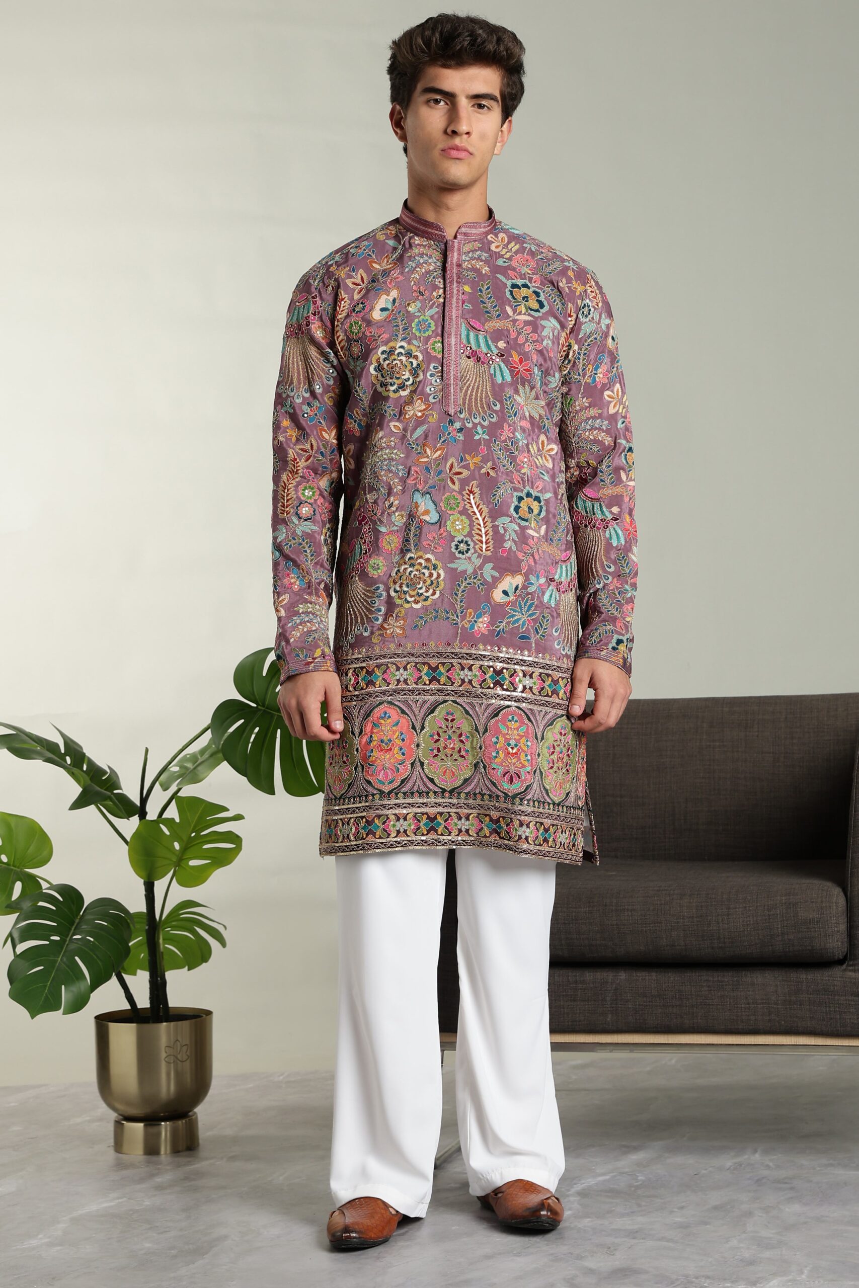 ARRUGA Men’s position print embroidery silk kurta pant set