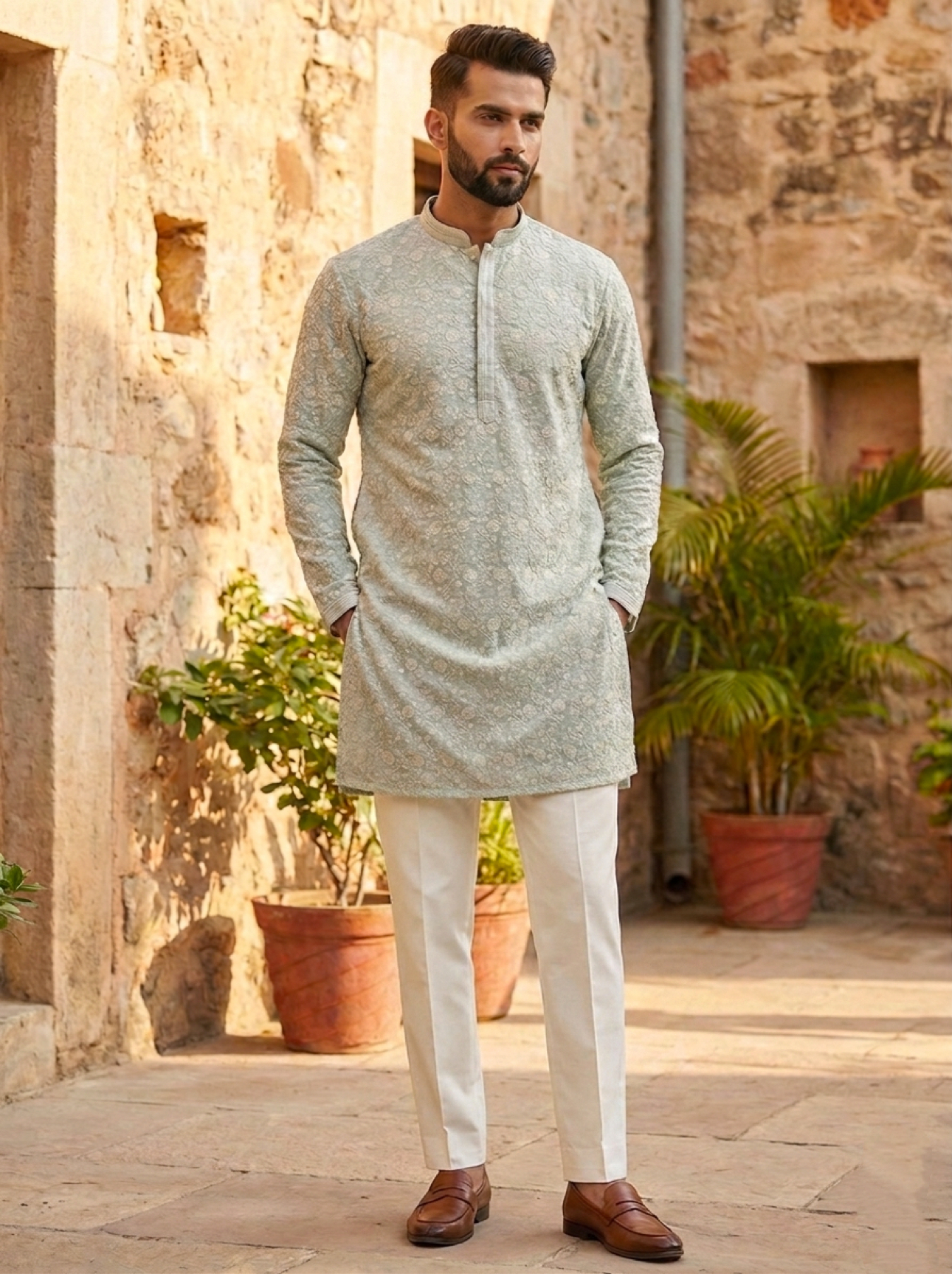 Stylish Men’s floral sequins emboidery lucknowi stylish short kurta