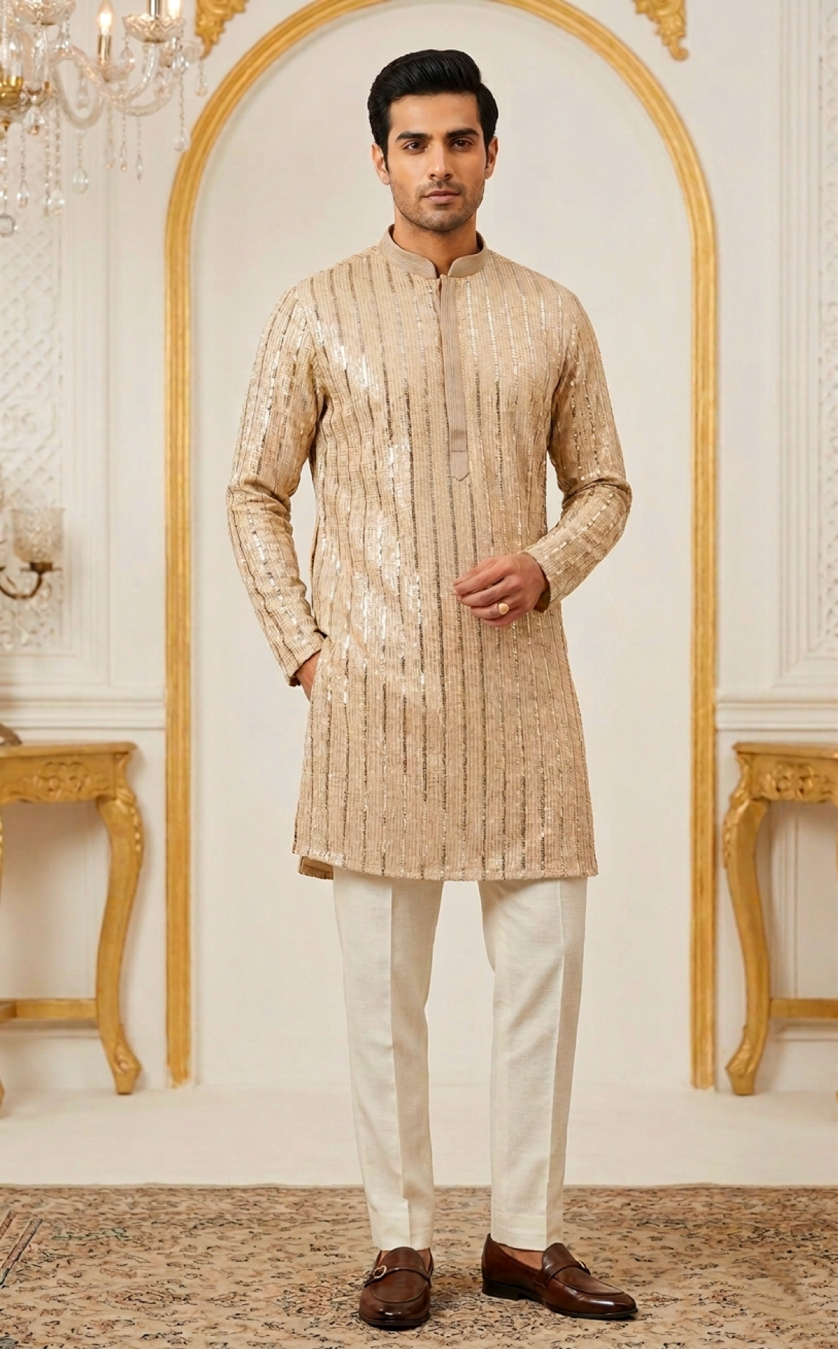 Stylish men’s glitter stripes georgette Men’s kurta